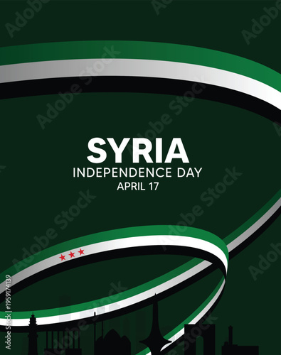 Syria Independence Day modern dynamic flag waves and skyline composition vector banner