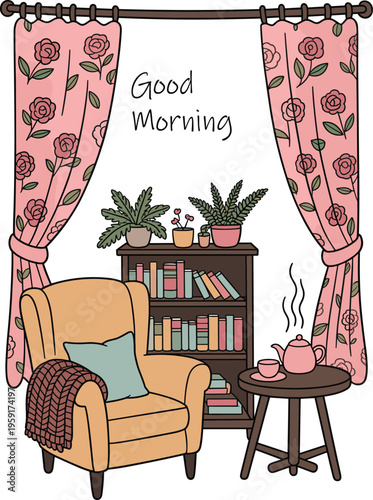 Cozy morning illustration with armchair, bookshelf, floral curtains, and hot tea on a side table with good morning text overlay.
