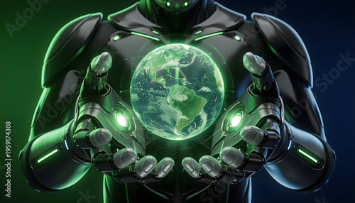 Futuristic Robotic Hands Holding and Protecting a Glowing Green Earth Globe