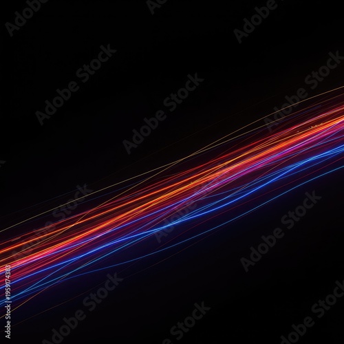 Flowing streaks of electric color capture the essence of residual light abstract photography. Vibrant blurred energy lines streak across a profound darkness, smooth, motion, dynamic