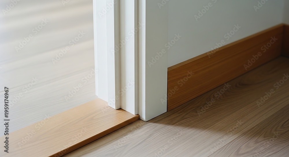 Fototapeta premium Modern interior architectural detail showing wooden skirting board white door frame and laminate flooring