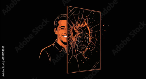 Man with shattered mirror reflection showing cracked identity and emotional distress in dark vector illustration