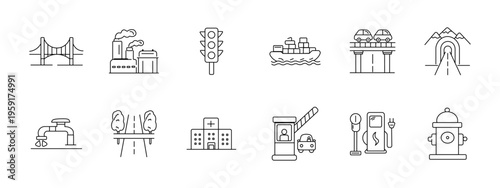 Infrastructure set icon. Collection with bridge, factory, traffic light, cargo ship, overpass cars, tunnel road, water tap, highway, hospital, toll booth, charging station, hydrant