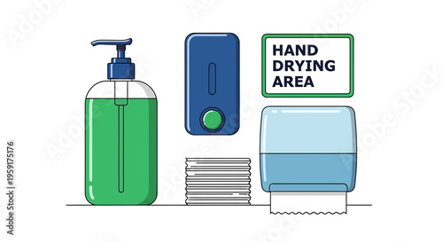 Hand hygiene station, hand sanitizer dispenser, paper towel dispenser, hand drying area sign, hygiene equipment