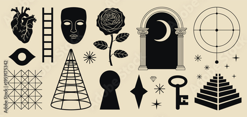 Black esoteric symbols on beige background heart ladder