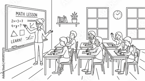 Classroom learning environment with teacher educating students on a whiteboard