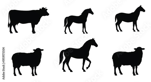 A collection of black silhouettes of farm animals, including cows, horses, and sheep, on a white background.