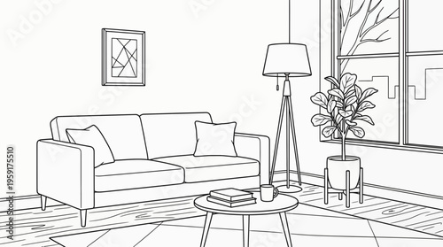 Minimalist living room outline illustration with furniture and home decor, simple interior design concept vector