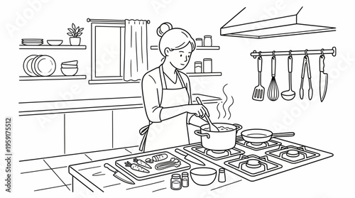 Woman cooking in a kitchen at a stove with pots and pans