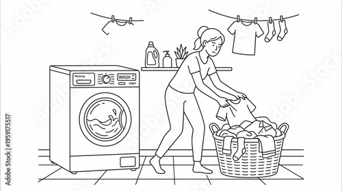 Young woman efficiently managing daily laundry chores, using a washing machine and preparing clothes for drying