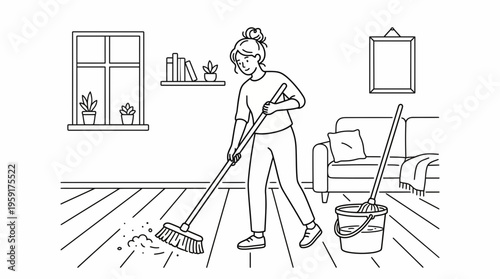 Diligent Woman Sweeping House Floor, Engaged in Daily Chores and Home Maintenance Activities