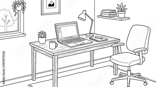 Cozy Home Office Setup with Laptop, Desk, and Chair