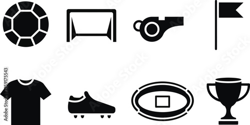 Set of soccer icons, football equipment and accessories