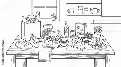 Variety of fresh groceries and food items arranged on a wooden table