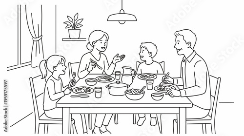 Happy family enjoying a meal together around a dining table at home