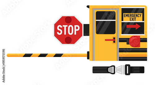 School bus stop sign, yellow school bus door, emergency exit icon, transportation symbol