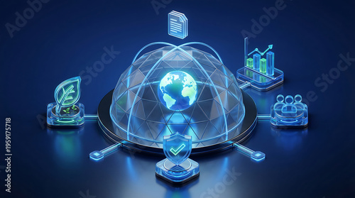3d isometric esg governance analytics illustration with global sustainability dome protection stakeholder insights environmental metrics and policy reporting