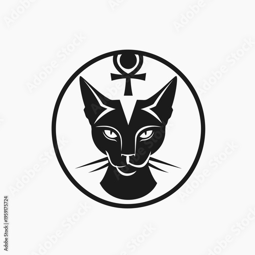 Stylized black cat in circle with ankh symbol illustration