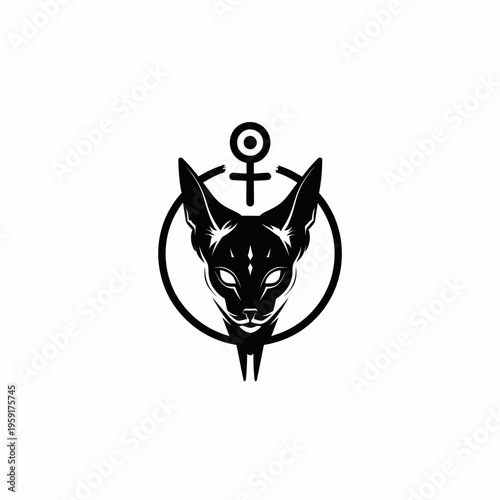 Black sphynx cat head silhouette with symbol and circular frame design