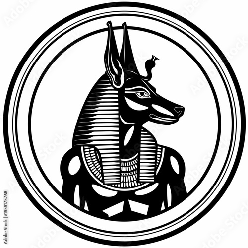 Ancient egyptian deity anubis illustration within circular frame design