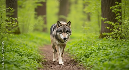 Wolf walking on forest path surrounded by lush green foliage