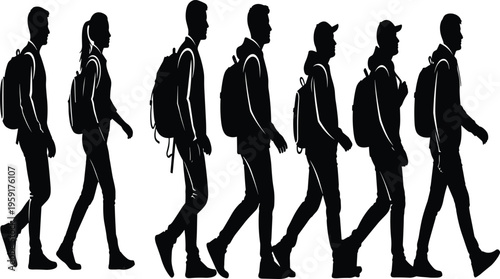 Black silhouette of people walking with backpacks side view set, group of students travelers or hikers traveling on white background isolated