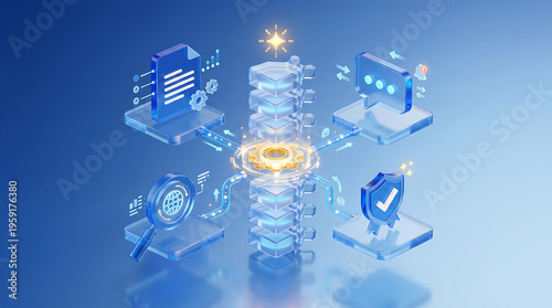 3d isometric workflow automation engine illustration with documents communication search security and connected process orchestration