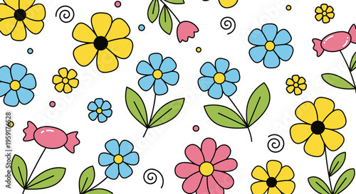 Colorful flowers and candy illustration.