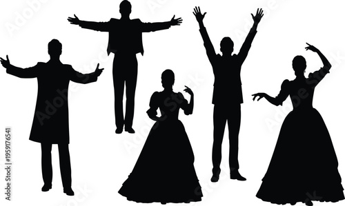 Classic theater actors black silhouette set, Victorian opera singers performing on stage, vintage ballroom dancers, elegant period costume figures, isolated, vector