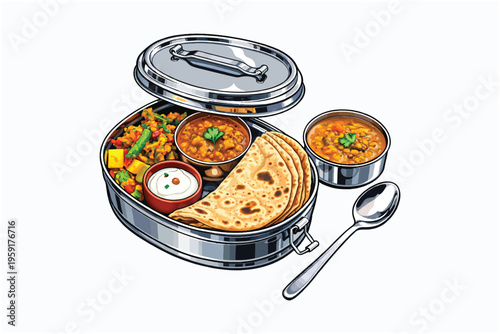 Indian meal in a tiffin box vector illustration
