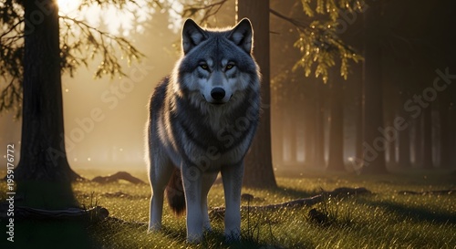 Majestic wolf standing in a sun-drenched forest, looking directly at camera