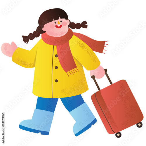 Travel and Vacation Illustration. Vector illustration of Child walking while pulling suitcase, symbolizing travel activity, holiday trip, and tourism journey. Isolated on background
