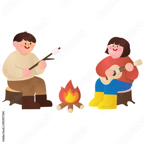 Travel and Vacation Illustration. Vector illustration of People sitting around campfire playing music, representing outdoor camping and leisure activity. Isolated on background
