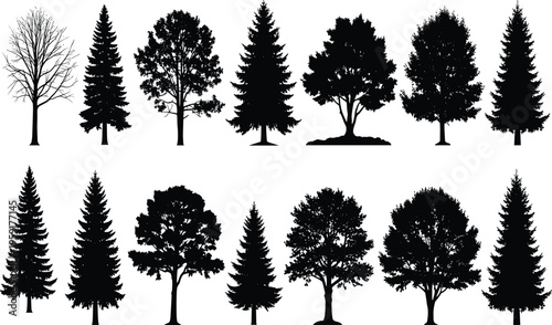 Forest Tree Silhouettes Vector Collection Featuring Oak Pine Fir and Deciduous Species for Nature Landscape Design and Environmental Conservation Projects