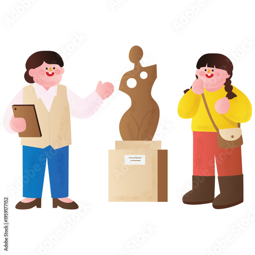 Travel and Vacation Illustration. Vector illustration of Visitors exploring museum with guide, representing culture, education, and tourism experience. Isolated on background