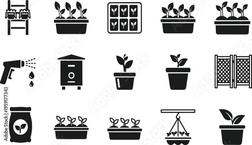 Gardening icon set featuring plant seedlings, flower pots, beehive, watering spray, soil bags, and nursery trays for urban farming and agriculture. (22 words)