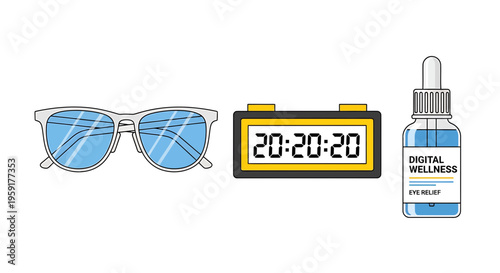 Digital wellness icons, eye care symbols, screen time management, healthy tech habits