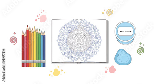 Coloring book, mandala art, colored pencils, relaxation tools, adult coloring