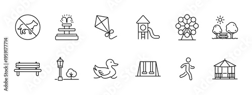Park recreation leisure set icon. No dogs fountain kite playground wheel bench lamp duck swings walking gazebo depict outdoor activity relax public.