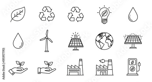 Collection of environmental and ecological icons representing sustainability and renewable energy sources.