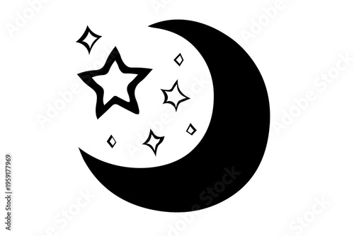 Crescent moon and stars. Night moon sky. Isolated on white background. Flat vector design. Dream. Doodles. Black and white color. Environment. 