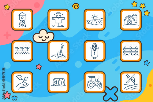 Agriculture farm set icon. Water tower, scarecrow, sunrise field, barn, seedlings, shovel soil, corn cob, fence, hand with sprout, hay bale, tractor, windmill.