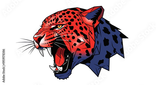 Fierce Jaguar Head Roaring, Aggressive Predator, Tribal Design, Wild Animal