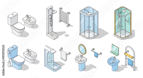 Bathroom Fixtures Set: Toilets, Bidets, Sinks, Showers, Towel Racks, Isometric