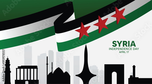 Syria Independence Day banner featuring flag ribbon and city skyline silhouette vector poster