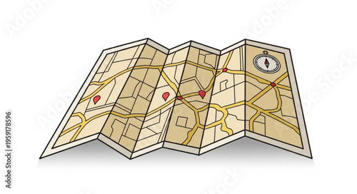 Detailed Illustration of a Folded Paper Map with Compass Rose.