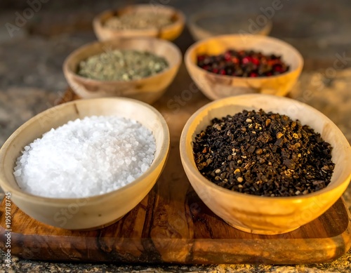 A wooden board holds six bowls of various spices and seasonings