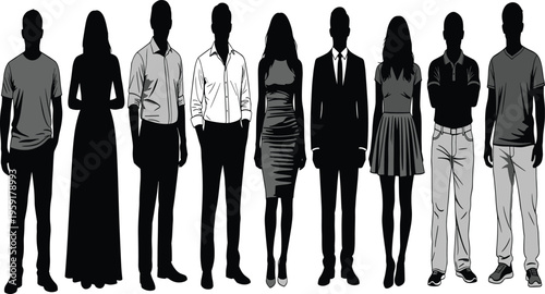 People, Silhouette, Group, Human, Diversity, Business, Professional, Casual, Fashion, Adult, Person, Team, Community, Collection, Stand,