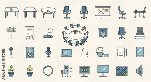 Conference Room Equipment and Furniture Illustration Set.