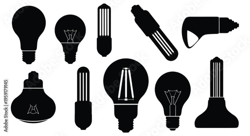 A collection of black light bulb silhouettes on a white background.